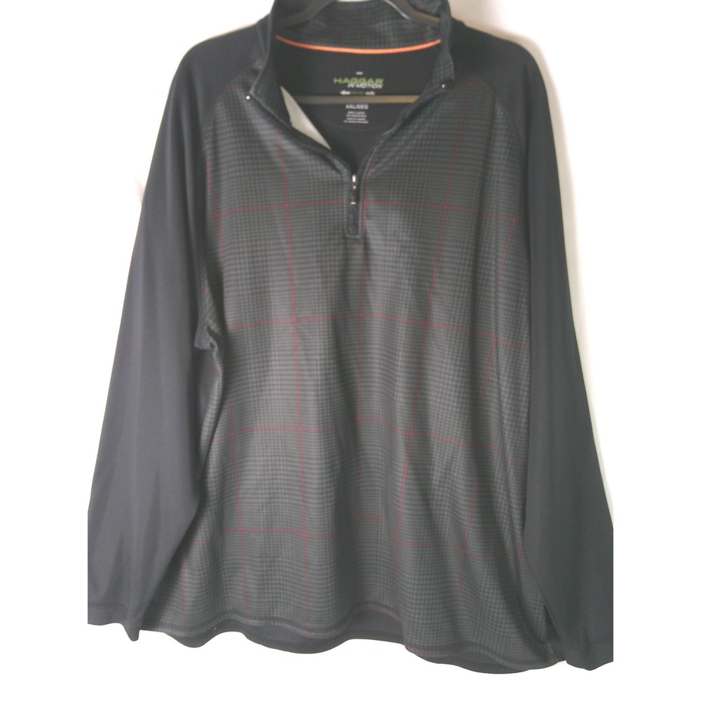 Haggar In Motion Mens XXL Black Plaid Golf Pullover 1/4 Zip Natural Stretch